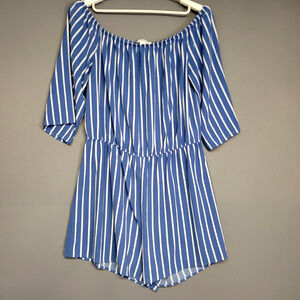 Forever 21 Romper Womens 3X Blue White Striped Off Shoulder Shorts Summer Boho